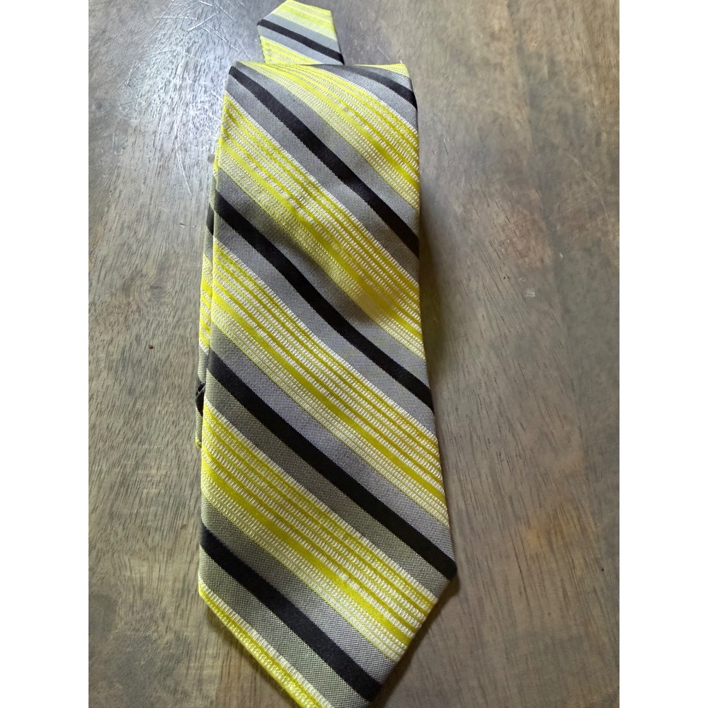 Calvin Klein Mens Necktie 100% Silk Striped Yellow Grey Black One Size